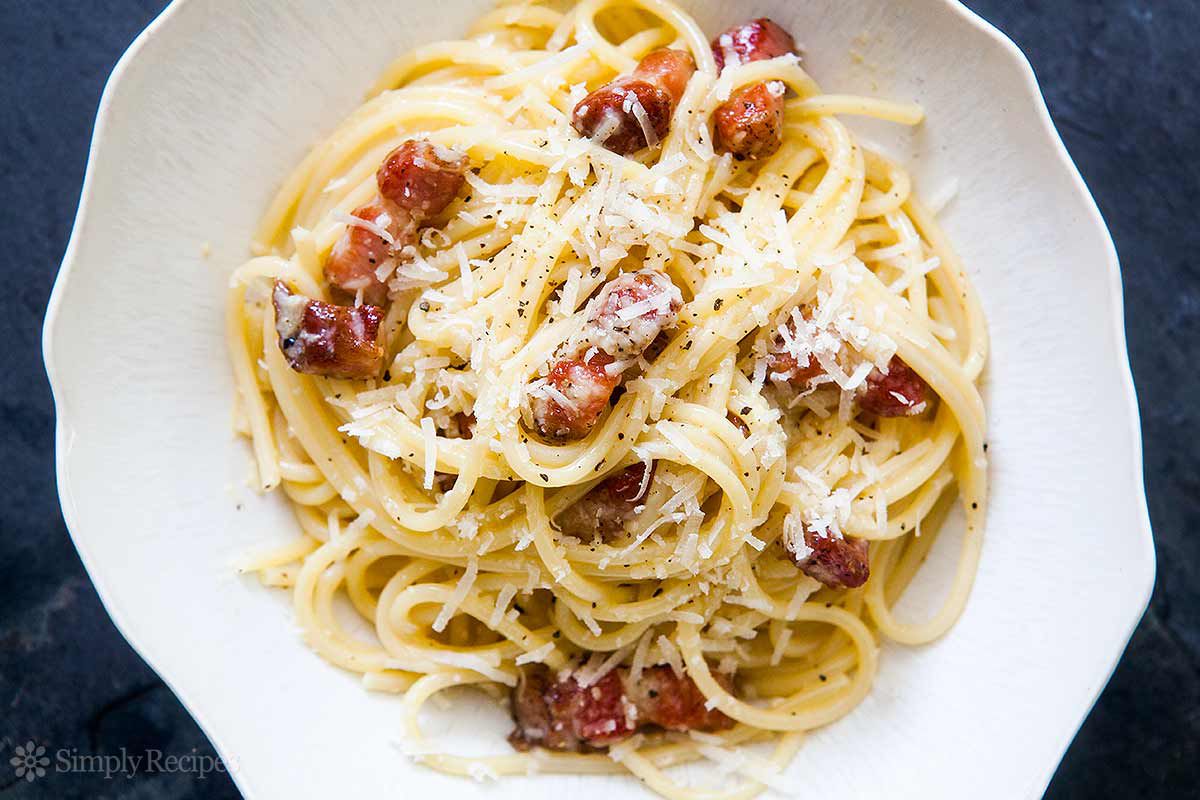 A plate of pasta carbonara