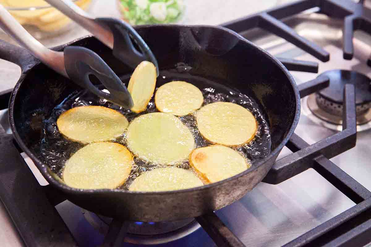 fry potatoes in oil for spanish tortilla