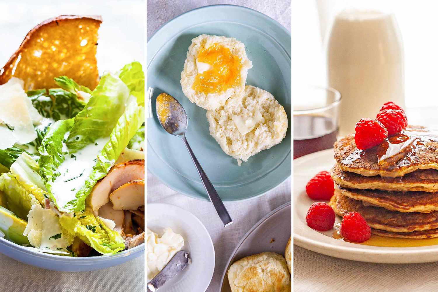 Three images side by side of recipes that use buttermilk. To the left is a bowl of salad with buttermilk dressing, the middle image is a plate with a bisuit spread with butter and jam, the farthest right is a plate of buttermilk pancakes topped with syrup and raspberries.