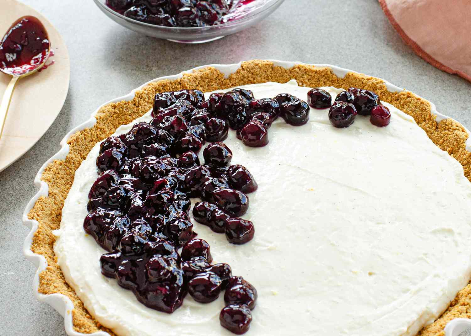 Whole Blueberry Ice Box pie with blueberries on the top.