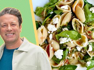 A split image of Jamie Oliver and a plate of pasta salad
