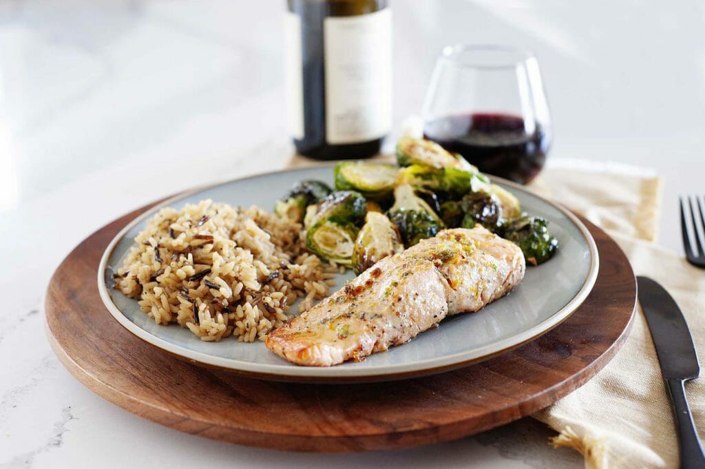 Wine pairing with salmon plated with rice and brussell sprouts.
