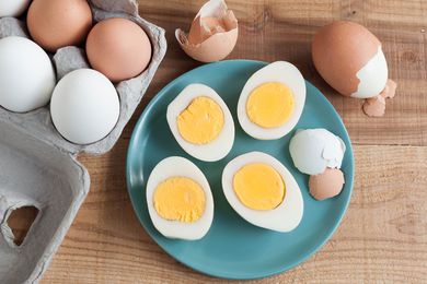 Peeled and sliced Instant pot hard boiled eggs on a plate