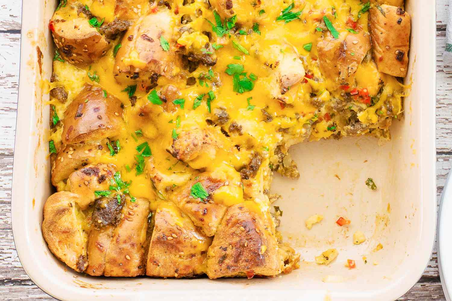 Bagel Breakfast Casserole with Sausage, Egg, and Cheese