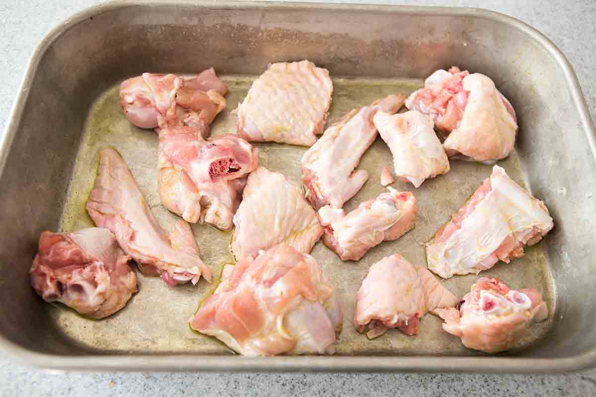chopped turkey wings in pan