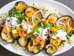 Roasted Eggplant and Squash with Tahini-Yogurt Sauce