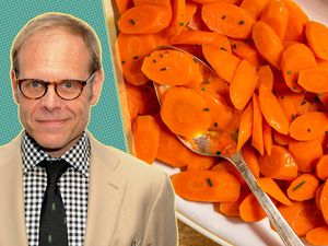 portrait of Alton Brown next to a plate of cooked carrots