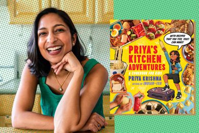photo of Priya Krishna next to a cutout of her cookbook (Priya's Kitchen Adventures)