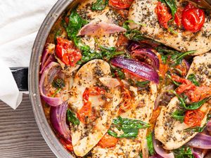 Chicken Recipe in Skillet with Italian Seasonings-close up of chicken and vegetables in a silver skillet