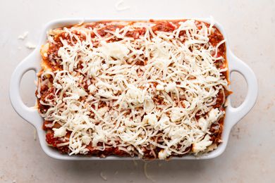 Overhead view of an easy lasagna recipe ready to be baked.
