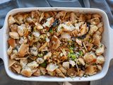 Overhead view of kimchi stuffing in a casserole dish.