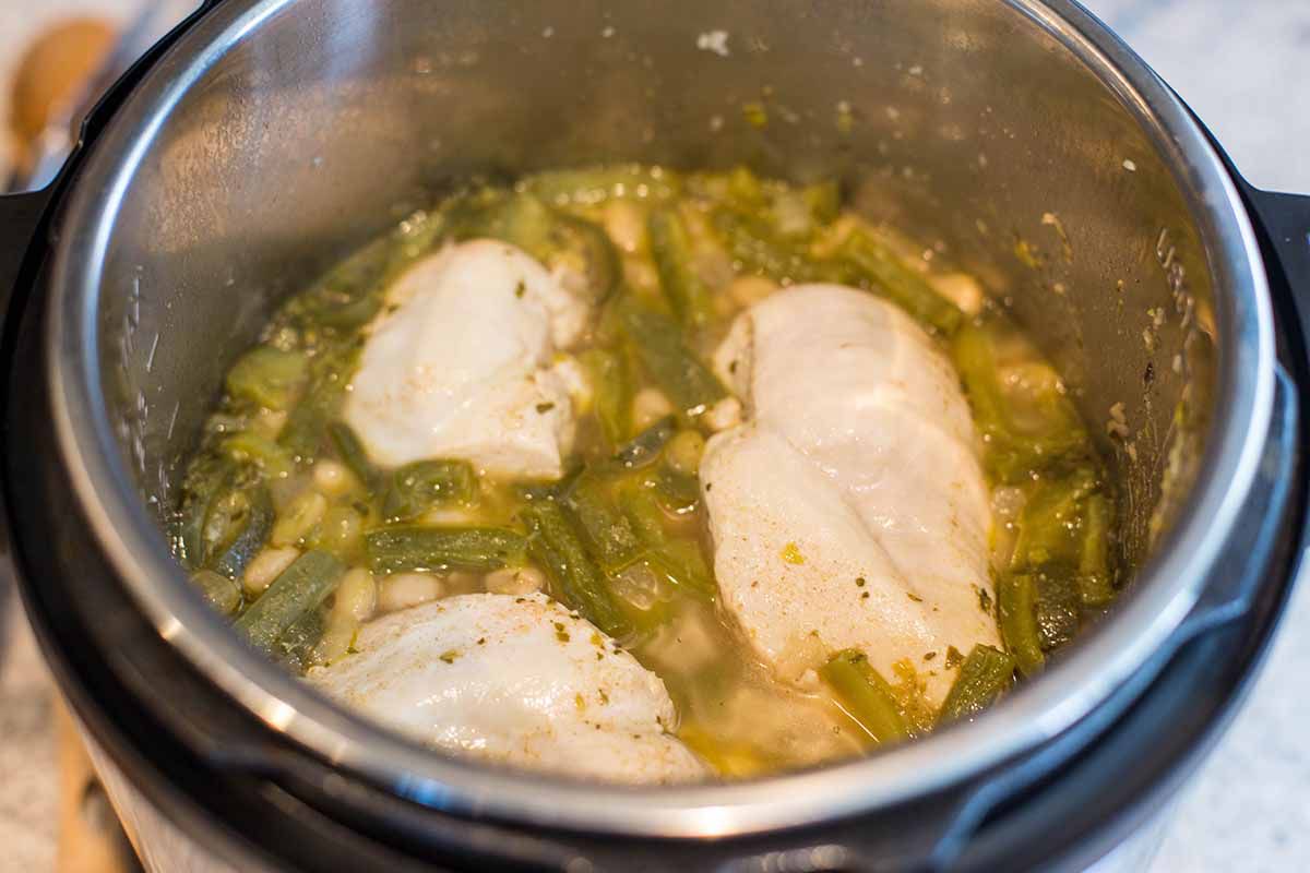 White bean chicken chili cook the chicken and veggies