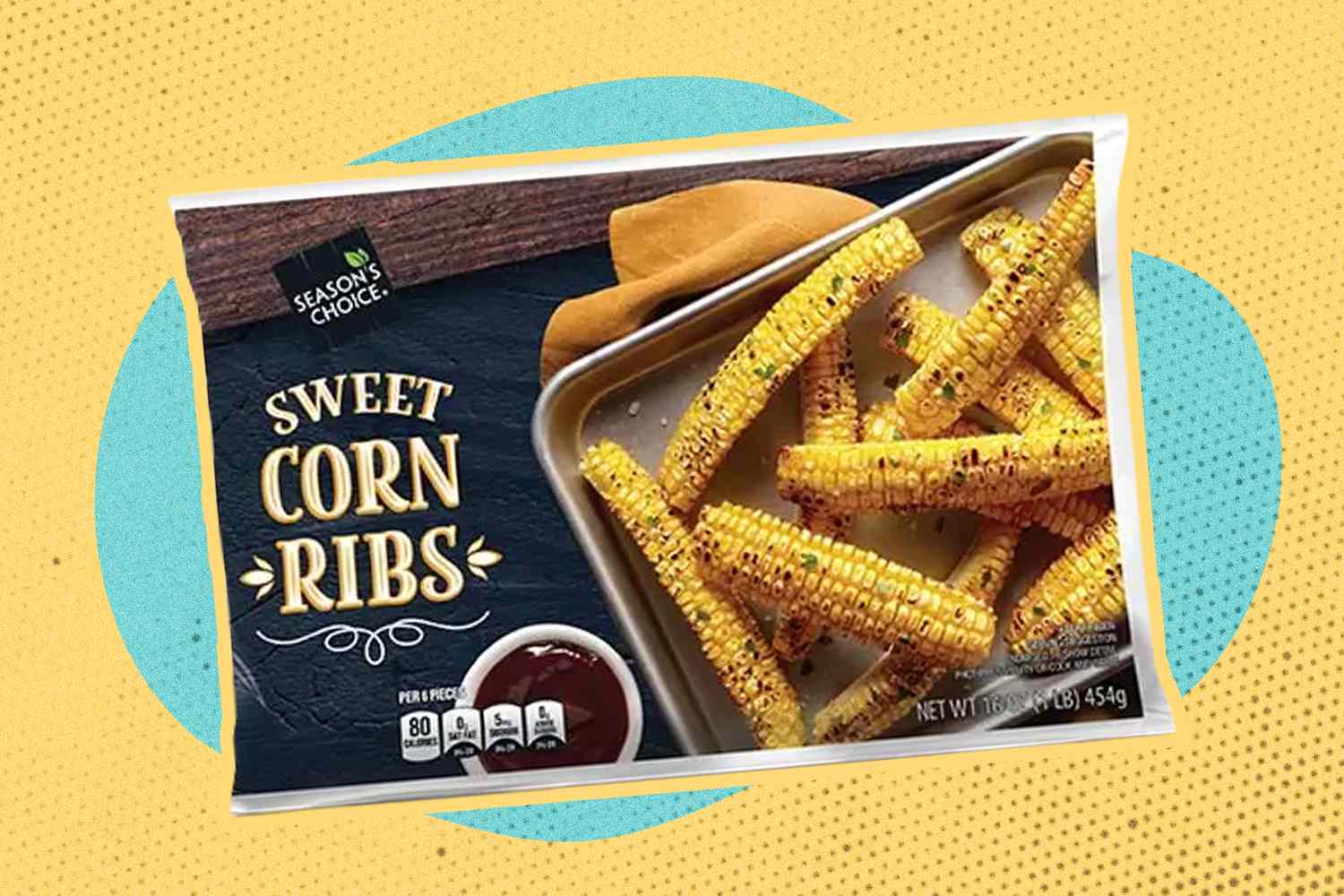 A bag of ALDI's Frozen Sweet Corn Ribs on a yellow and blue illustrated background